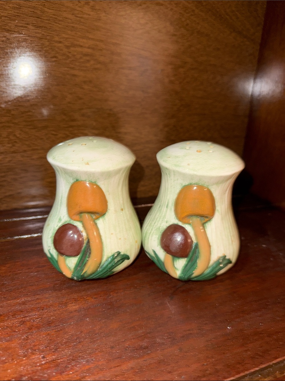 Vintage Mushroom Ceramic Salt & Pepper Shakers - Green and Brown